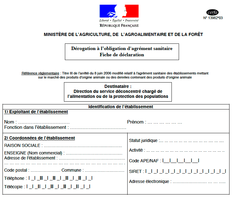 Dispense agrément sanitaire