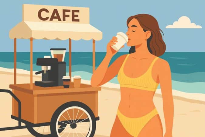 Voici un café vendu sur la plage par un commerce ambulant