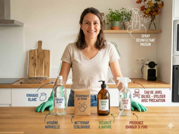 nettoyants "maison", vinaigre blanc, bicarbonate, savon noir, huiles essentielles